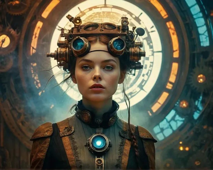 a woman with steam - powered head gear and goggles stands in front of a clock