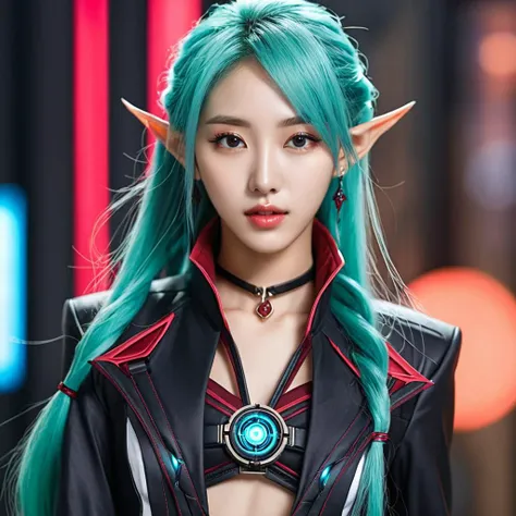 20 year old Korean woman, as a blood elf, harness, cyberpunk,