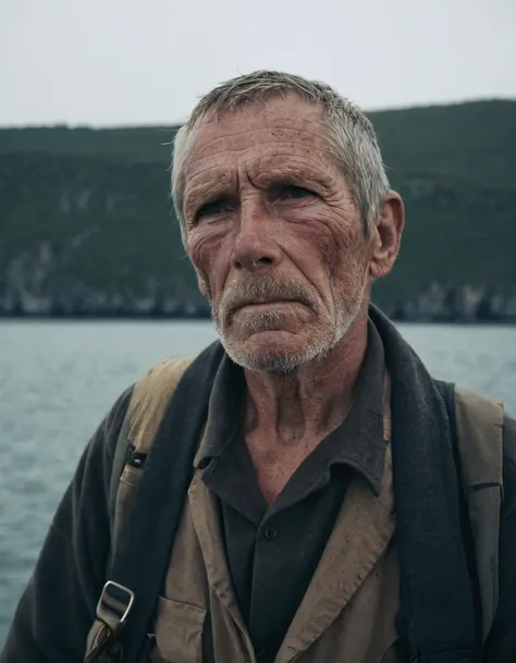 raw upper-body photo of an old exhausted fisherman, on a ship, detailed skin, cinematic shot, haze lighting