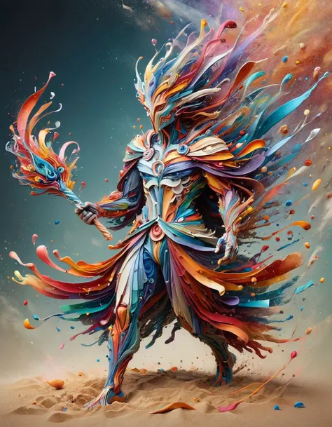 full body, dynamic pose, ral-cnvctncrnts, crisp focus,ethereal fantasy concept art of intricate paper quilled sand spirit holding staff, complex nebula background, vibrant, beautiful paper quills, hyper detailed, insane depth, gorgeous composition, chaotic...