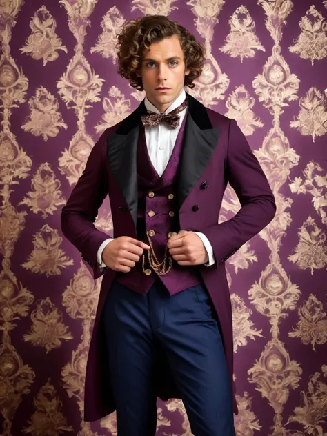 a candid color photograph of slim male man, big eyes, curly hair, wearing 1850s victorian dark frock coat, a decorative double-breasted waistcoat, and a narrow bow tie, looking at the viewer, serious expression, bold dynamic pose, hands on her hips, simple...