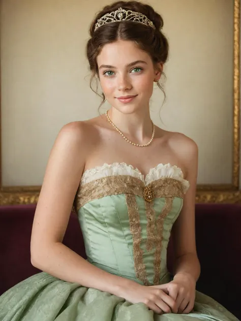 a woman in a green dress and a tiara sitting on a couch