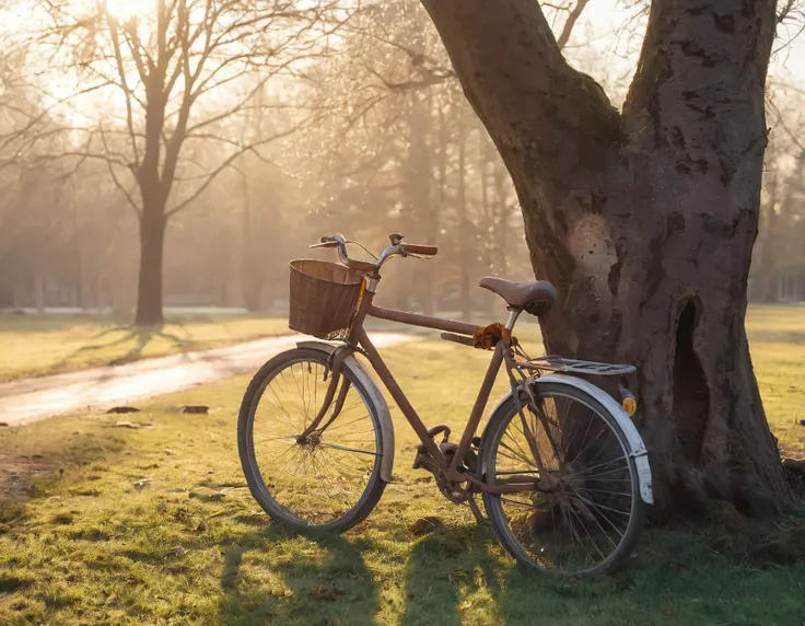 an old rusty bicycle leaning on a tree, spring, sunrise, sunrays