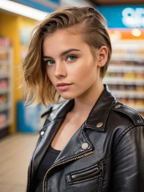 23 year old Dutch woman, undercut hairstyle, crop top, detailed eyes, leather jacket, jeans, 80s convenience store, shallow depth of field, highly detailed, bokeh