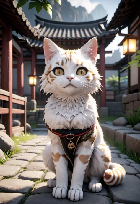 a close up of a cat sitting on a stone walkway