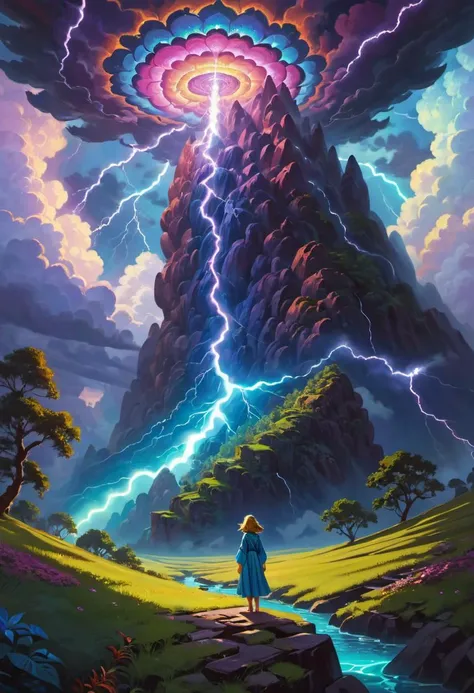 a painting of a man standing on a rock in front of a mountain with lightning