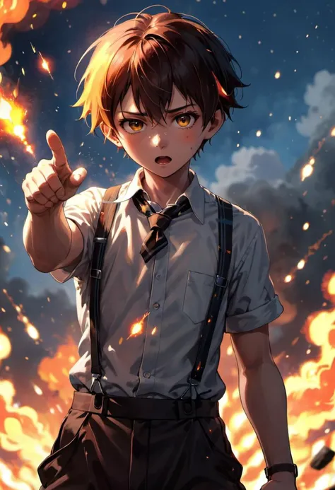 anime boy pointing at something with fire in the background