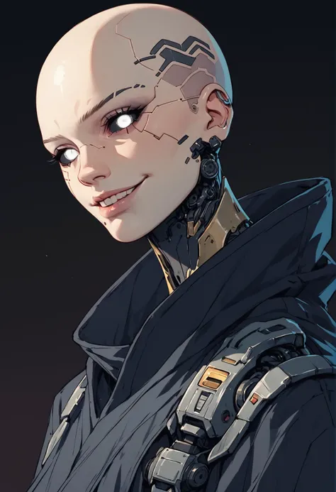 (score_9, score_8_up), score_7_up, zPDXL, 1girl, bald, hairless, asian, white eyes, black sclera, black kimono, cyberpunk, gold circuits on face, gold mechanical parts, smile, looking at viewer, (cowboy shot), dark background <lora:Sinozick_Style_XL_Pony:1...