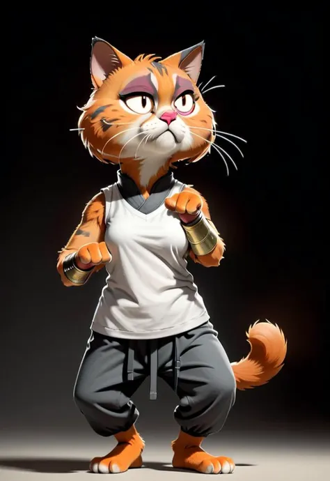 a close up of a cat with a shirt and pants on