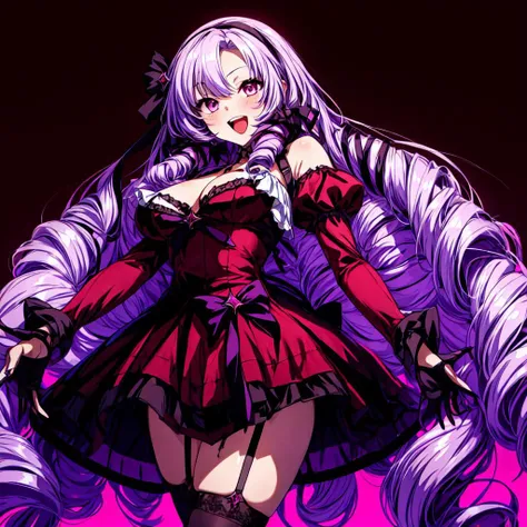 hyakumantenbara salome,solo,1girl,<lyco:hyakumantenbara salome_:0.8>,1girl, hyakumantenbara salome, solo, gloves, virtual youtuber, long hair, thighhighs, red dress, smile, dress, purple eyes, drill hair, hairband, black gloves, bangs, purple hair, looking...