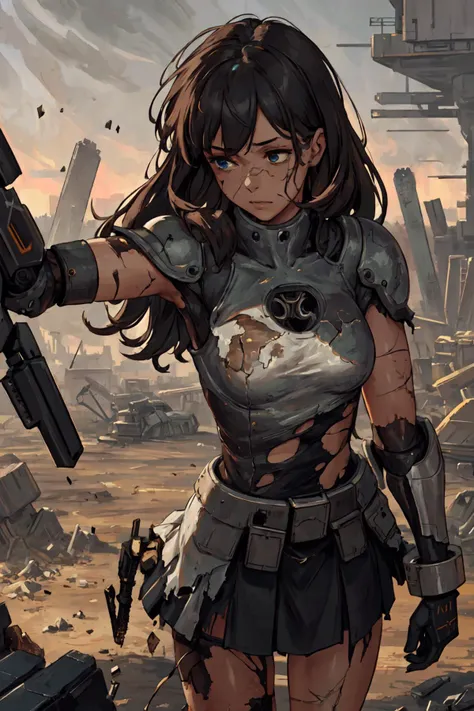 a close up of a woman holding a gun in a desert