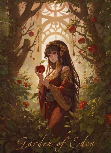 a woman in a red dress holding an apple in a garden