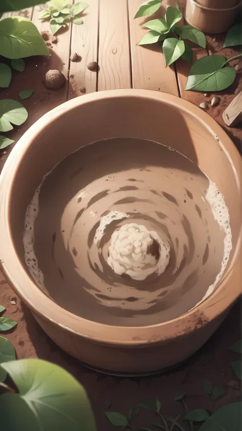 there is a bowl of mud and a spoon on a wooden table