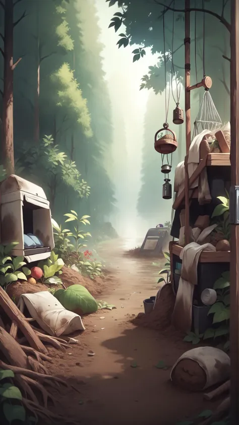 a painting of a forest with a bunch of items in it