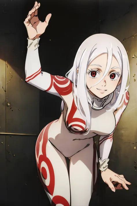 (masterpiece, best quality:1.2), <lora:shiroDeadman_v10:1>, cowboy shot, solo, 1girl, shiro (deadman wonderland), pale skin, smile, bent over, white hair, red eyes, white bodysuit, (prison:1.2)