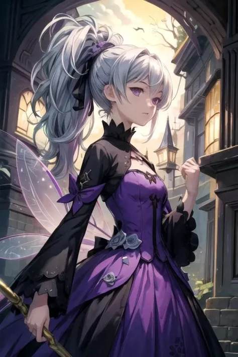 masterpiece, best quality, illustration, 1girl, solo, looking at viewer, , depth of field, , , <lora:yin_darker_than_black:0.72>, yin_darker_than_black, grey hair, purple eyes, ponytail, , , Fairyland: A place where fairies and other magical creatures live...