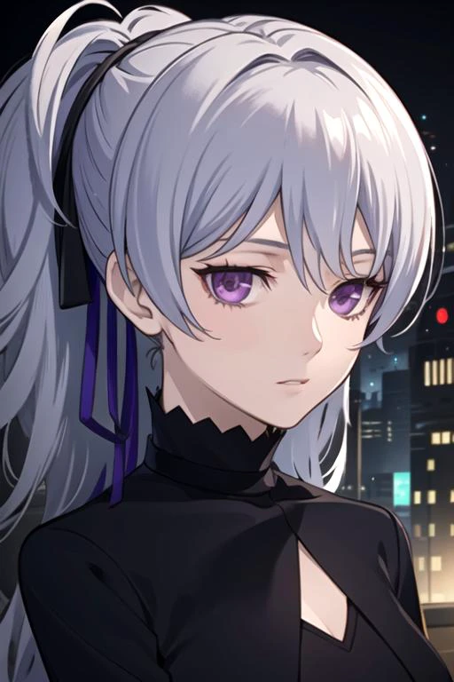 masterpiece, best quality, photorealistic, 1girl, solo, looking at viewer, upper body, depth of field, , , <lora:yin_darker_than_black:0.76>, yin_darker_than_black, grey hair, purple eyes, , business attire, , science fiction cyber-thriller,