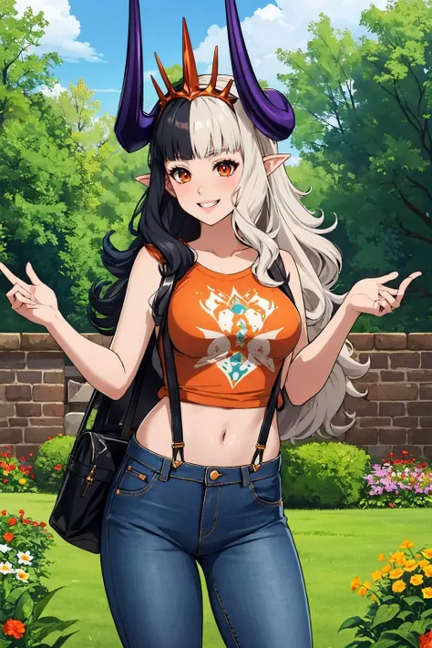 masterpiece, best quality,  <lora:hel-nvwls-v1-000010:0.8> sdsHel, multicolored hair, horns, crown, suspenders, jeans, orange t-shirt, looking at viewer, grin, cowboy shot, garden