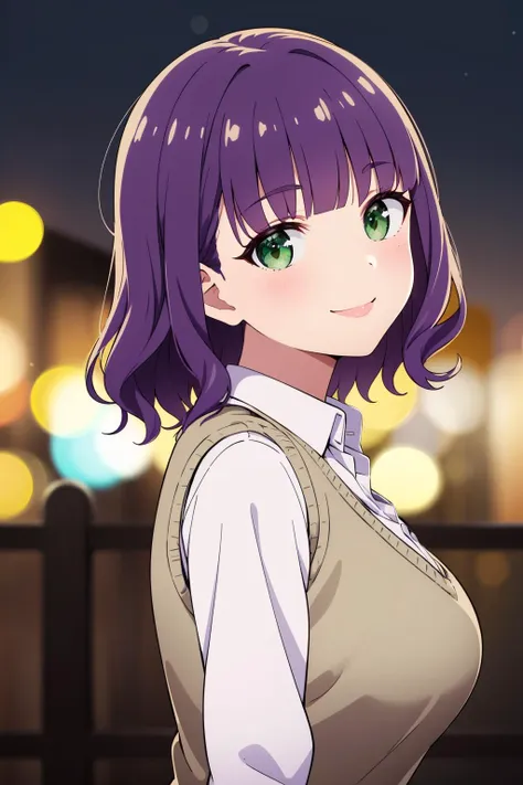 anime girl with purple hair and green eyes standing in front of a fence