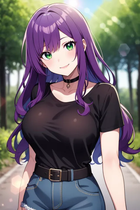 a woman with purple hair and a black shirt is walking down a road