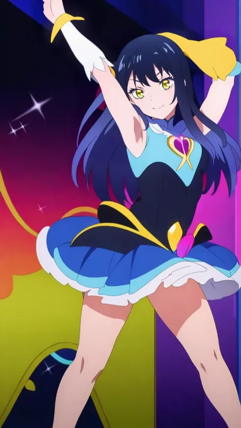 masterpiece, best quality, 
<lora:MikoV1.4-000010:0.7> MIKO, YELLOW EYES, LONG HAIR, BLACK HAIR, BLUE HAIR, MULTICOLORED HAIR, SIDELOCKS, BANGS,
(magical girl outfit),
dancing,