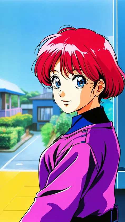 a close up of a person with red hair and a purple shirt