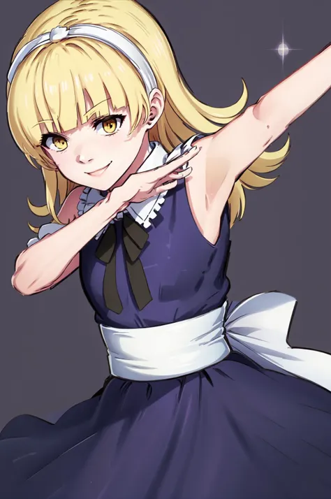 <lora:concept_dabdance:.9> (((dab dance))), 
 <lora:alice:1>alicesmt, blue dress, long hair, blonde hair, hairband, blunt bangs, puffy sleeves, blue dress, yellow eyes, light smile