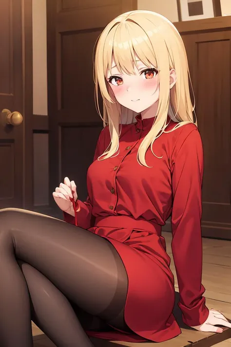 (masterpiece, best quality), 1girl, blonde hair, red dress, pantyhose, cute face, blush,