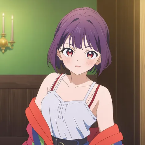 anime girl with purple hair and a white top and red jacket