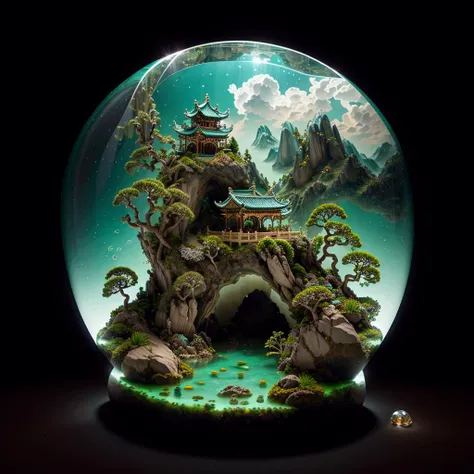 arafed glass ball with a small waterfall and a pagoda inside