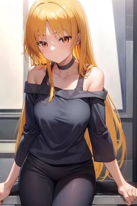 seikaijichi, <lora:seikaijichi-lora-nochekaiser:1>, 
seika ijichi, ahoge, blonde hair, yellow hair, long hair, (orange eyes:1.5), parted bangs, sidelocks,
BREAK black footwear, black shirt, choker, high heels, long sleeves, pants, shirt, striped, striped p...