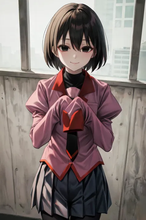 anime girl in a pink jacket and black tie standing in front of a window