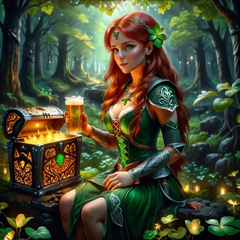 a woman in a green dress holding a beer and a chest