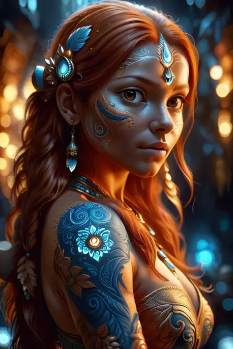 a woman with blue and gold makeup and tattoos