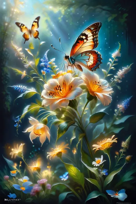 a painting of a butterfly and flowers with butterflies flying around