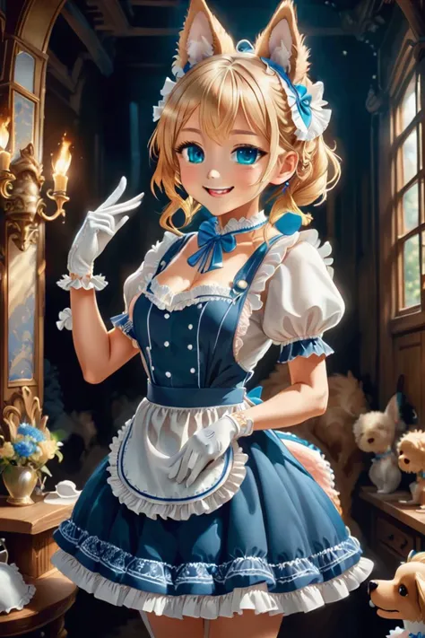 score_9,score_8_up,score_7_up, 1girl,solo,bangs,blush,smile,looking at viewer,ahoge,animal ear fluff,animal ears,animal hands,apron,blonde hair,blue eyes,braid,chibi,closed mouth,dog ears,dog tail,dress,enmaided,frilled apron,frilled dress,frills,gloves,ha...