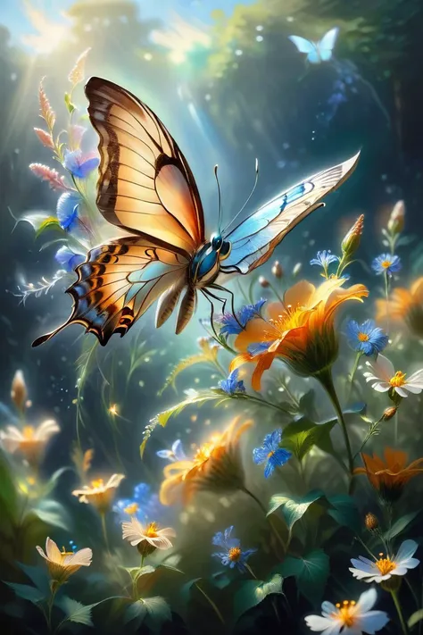 butterfly in the flowers with sunbeams and butterflies