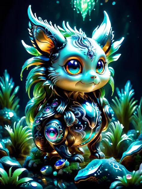 (a small xeno creature), cute with (large eyes and fur), large crystal formations dominate the scenery, lush xeno plants on an extraterrestrial planet