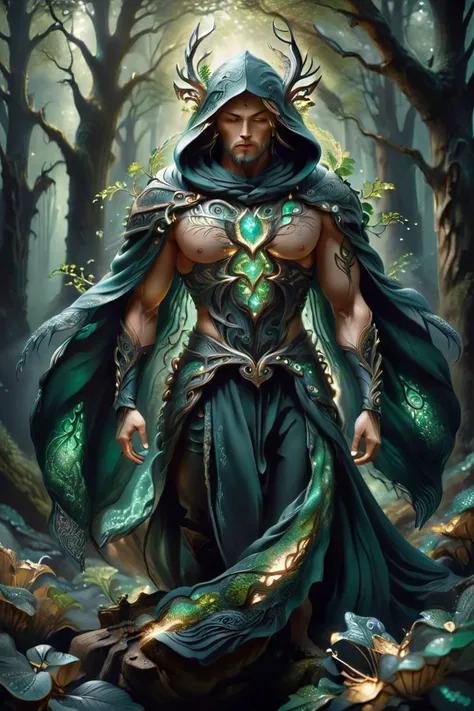 (best quality), a celtic druid, hooded cloak, muscular, dynamic pose, forest background sparkling, elegant and unique, gently swaying, mysterious and charming, realistic and abstract art, details, very realistic, beautiful and vital, dreamlike and surreal,...