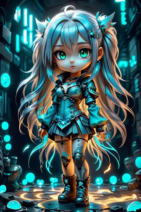 chibi girl A pity emotion, Exaggerated Features, fantasy punk style, full body, street art, unlimited Shading, Vibrant long long gray hair Hair & cyan neon lighting, sketch artstyle, graycale, monochrome,