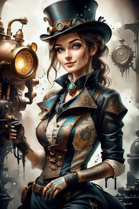 a woman in a steam - punk outfit and top hat holding a machine