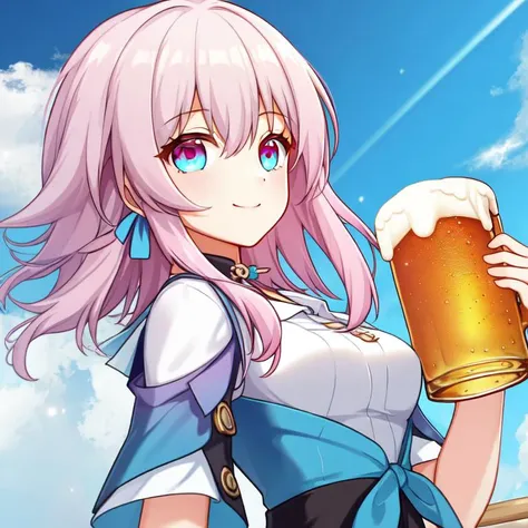 1girl holding a ((beer)), march 7th, short hair, multicolored eyes, pink hair, bangs, blue_eyes, long locks, ribbon errings, CG, software anime, slight smile <lora:March 7th:0.9>