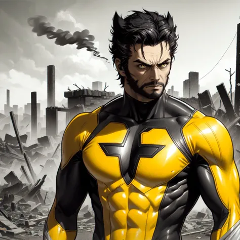 (masterpiece, best quality:1.2), (monochrome, spot color:1.08), wolverine, x-men, yellow and blue bodysuit, black hair, sideburns, muscular, bushy eyebrows, stubble, outdoors, smoke, debris, superhero