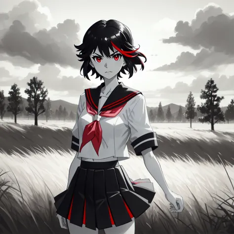 (masterpiece, best quality:1.2), (monochrome, spot color:1.2), 1girl, solo, (ryuko matoi:1.1), from kill la kill, short black hair with a red tint, red eyes, black and red sailor uniform, serious, black skirt, outdoors, field, grass, sky, clouds