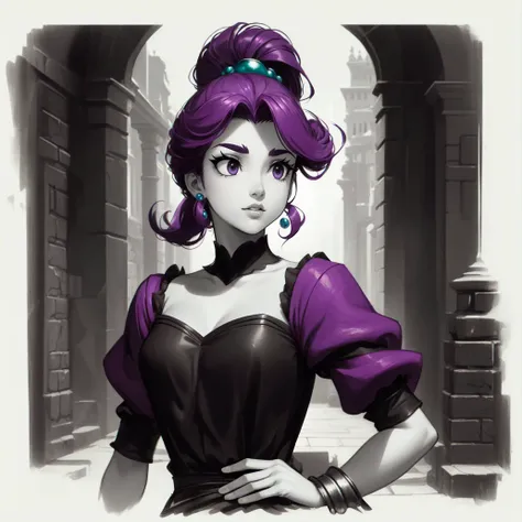 (masterpiece, best quality:1.2), (monochrome, spot color:1.11), (megara:1.1), from disneys hercules, purple hair, black dress, ponytail, black eyes, pompadour