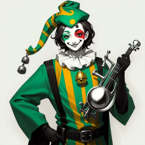 (masterpiece, best quality:1.2), (monochrome, spot color:1.08), jester cap, (green clothes:1.1), hat, clown, bell, gloves, instrument, male focus, belt, 1boy, facepaint, striped, smile, black eyes