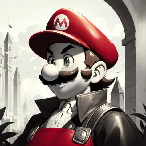 (masterpiece, best quality:1.2), (monochrome, spot color:1.08), solo, 1boy, mario, red headwear, hat, mustache, male focus, looking at viewer, smile