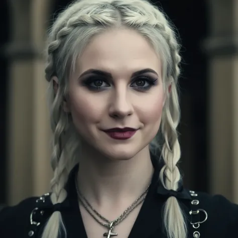 photo of (ohwx woman) as Wednesday Adamas, wearing gothic clothes, braided pigtails, in a castle, sharp focus, looking at the camera, makeup, cinematic look, <lora:HayleyWilliams:1>