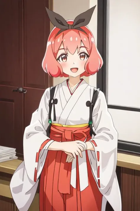 best quality, masterpiece, highres, solo, {white kimono:1.35}, {red hakama:1.35}, {wide sleeves:1.20}, {koshiba_mai_watashinoyuriwaoshigotodesu:1.15}, pink_hair, short_hair, hairband, ribbon, hair_ribbon, smile, bangs, black_ribbon, blush, open_mouth, brow...