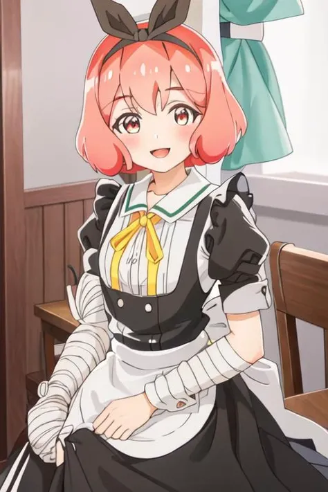 best quality, masterpiece, highres, solo, {maid:1.40}, {long maid dress:1.15}, {koshiba_mai_watashinoyuriwaoshigotodesu:1.15}, pink_hair, short_hair, hairband, ribbon, hair_ribbon, smile, bangs, black_ribbon, blush, open_mouth, brown_eyes